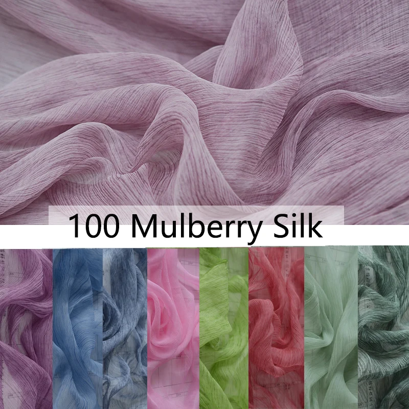 100% Mulberry Silk Creased Fabric Grass Dyeing Soft Fluffy Gauze