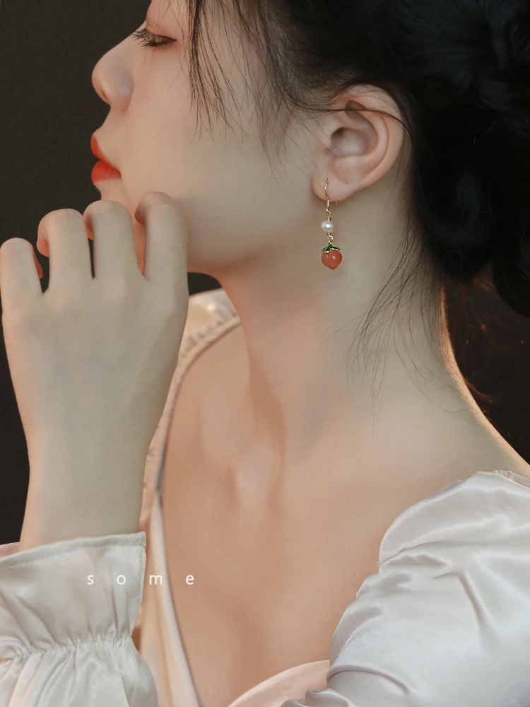 Jade-Edelstein-Haken-Ohrringe, einzigartiges Geschenk für Mädchen, Schmuck, natürliche rote Achat-Pfirsich-Ohrringe mit Nischen-Dsign, niedliche Perlenohrringe, trendig – Detail 7