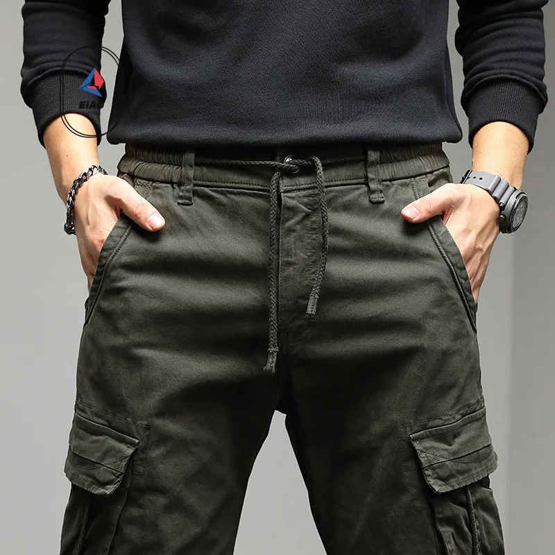 EiAO Summer men's outdoor workwear pants, pure cotton elastic multi pocket casual pants, trendy and versatile long pants