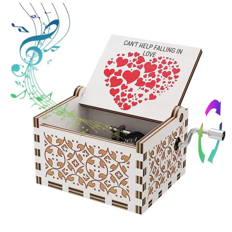 2024 Wooden Engraving Vintage Music Box Hand-Cranked Music Box Girlfriend Wife Can't Help Falling In Love Birthday Presents Gift 2