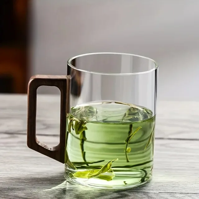 2024 400ml High-end Glass Cups with Walnut Handle Heat-resistant Mug Large Capacity Tea Making Cup Office Drinking Glasses 5