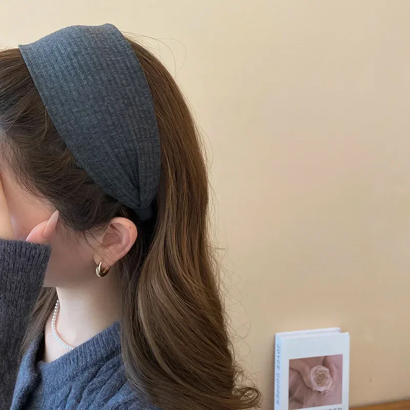 Neue Vintage Stricken Tuch Stirnbänder für Frauen Einfarbig Breiten Streifen Haarband Hohe Schädel Top Rutschfeste Elegante Haar Zubehör – Detail 29