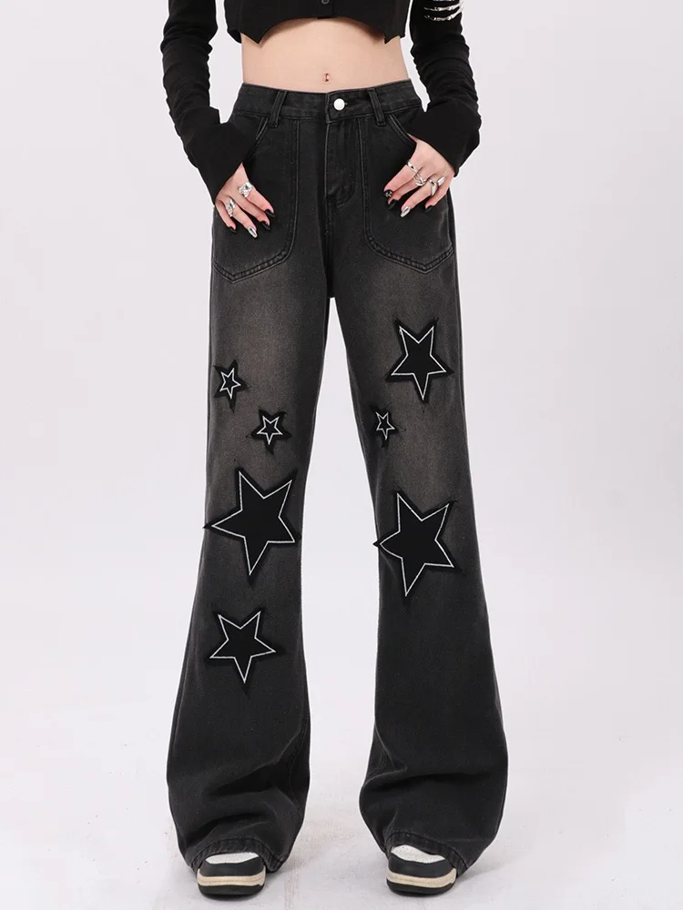 ADAgirl Star Print Boyfriend Jeans for Women Punk High Street Wide Leg Trousers Female Straight Black Pants Goth Alt Bottoms New