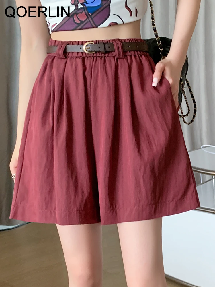 QOERLIN with Belt Elastic Waist Shorts Loose Casual High Waist Shorts Female Summer Wide Leg Bermudas Streetwear Thin Hot Pants