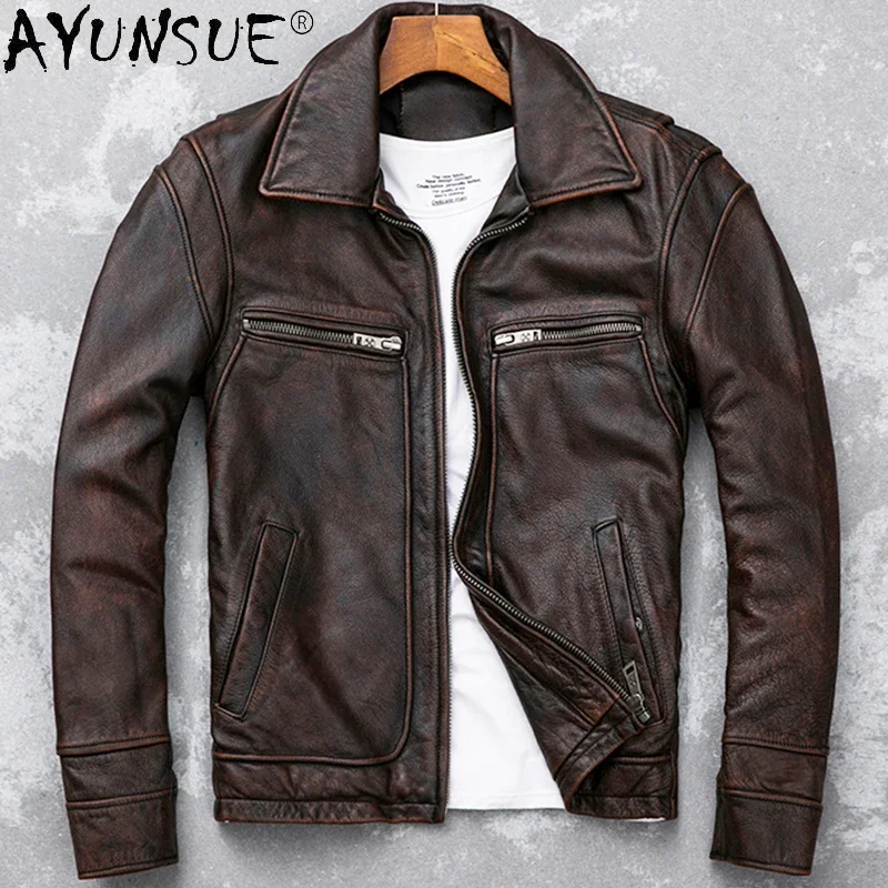 

AYUNSUE Men's Genuine Leather Jacket Real Cow Leather Men Clothing Motorcycle Jackets 5XL Retro Red Brown Clothes Jaqueta LXR390