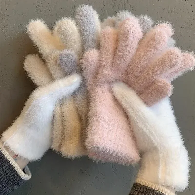 Mink Velvet Gloves Fashion Winter Five Finger Plush Warm Cold-proof Women Outdoors Cycling Solid Color Wistiti Mittens