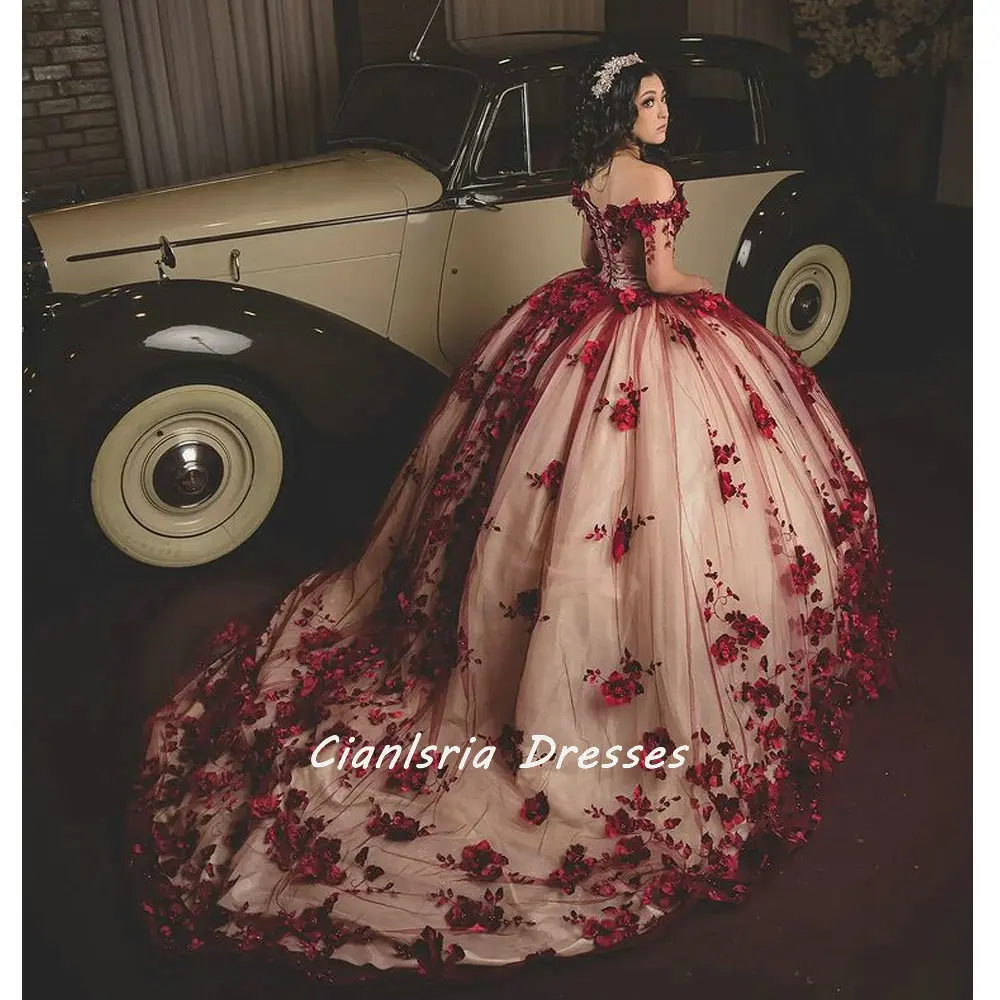 

Красные цветы, искусственный жемчуг, платья для Quinceanera, бальное платье с открытыми плечами, милое 16 вечернее платье XV