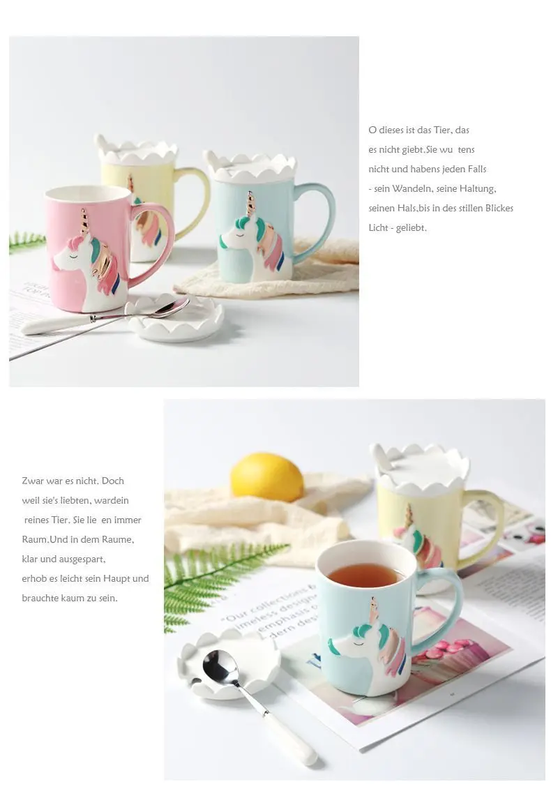 Einhorn Nordic Kaffeetasse, Trinkwasserbecher mit Deckel und Löffel, kreativer Roman, süßes Weihnachtsgeschenk für Frauen, Mädchen, 400 ml – Detail 7