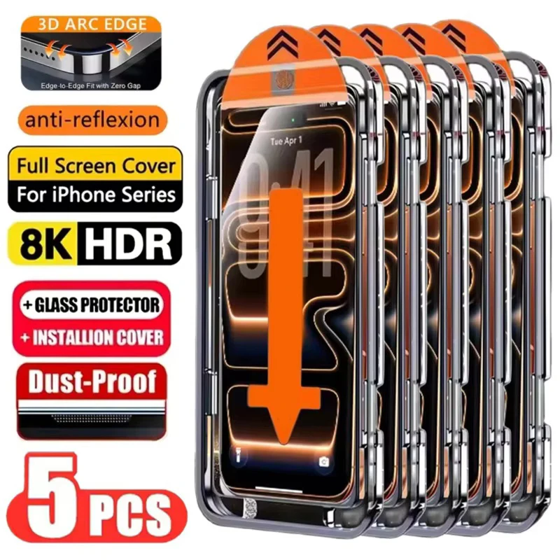 5 Pezzi Pellicola Protettiva HD Facile da Installare per iPhone 17 16 13 Pro Max 11 15 14 16e 12 Mini XR X Xs 7 8 Plus Air in Vetro Temperato