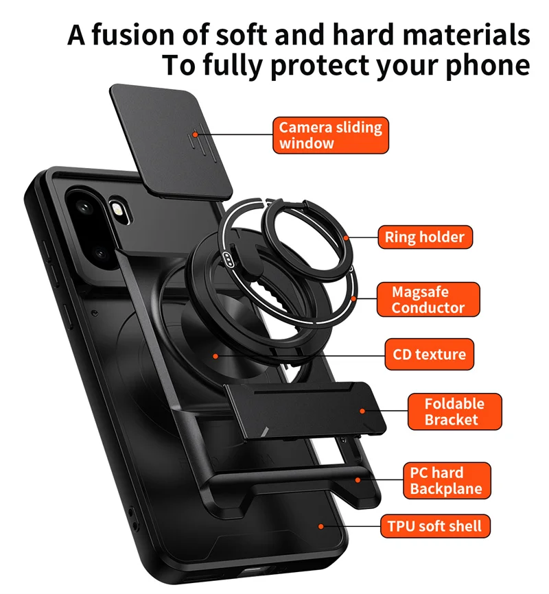 Enhanced Armor Case with Slide Camera Lens Cover and Magnetic Ring Bracket