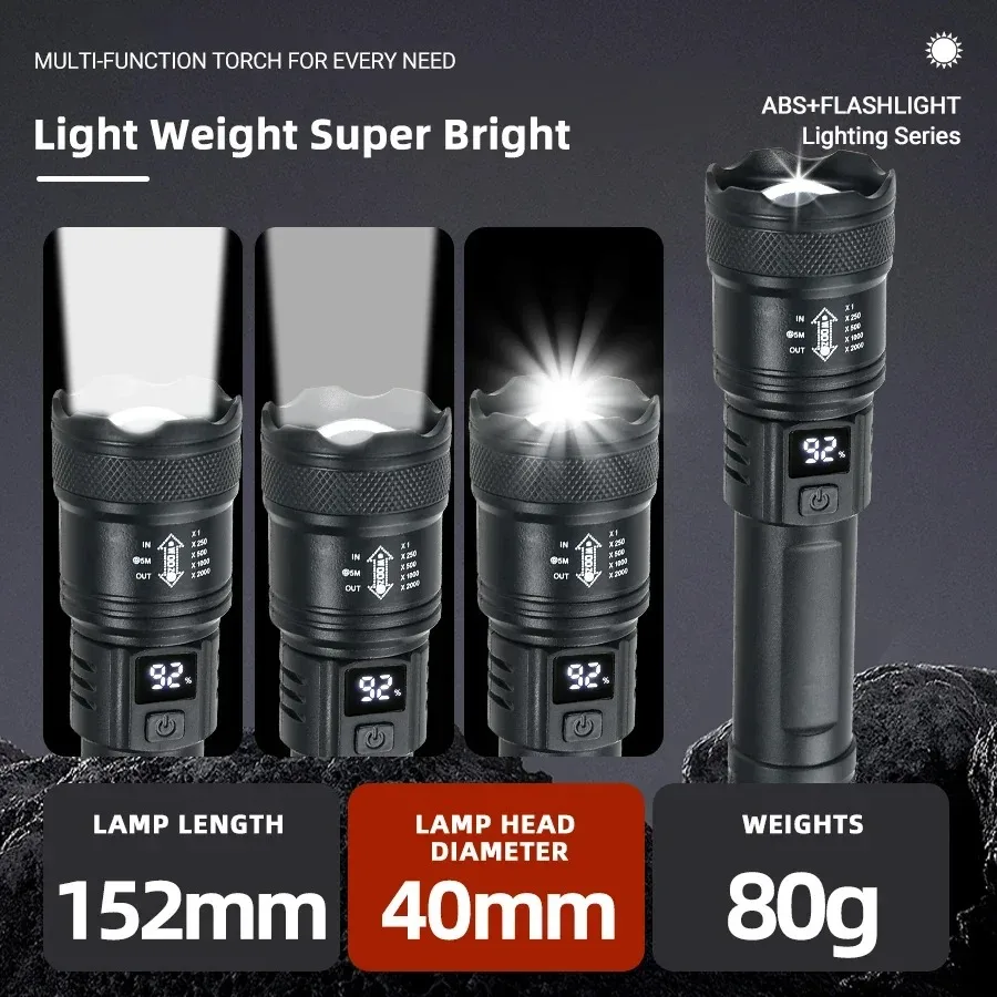 전술용 LED 손전등 2000LM USB 충전식 방수 등급 줌 토치 밝은 휴대용 비상등 캠핑 야외용