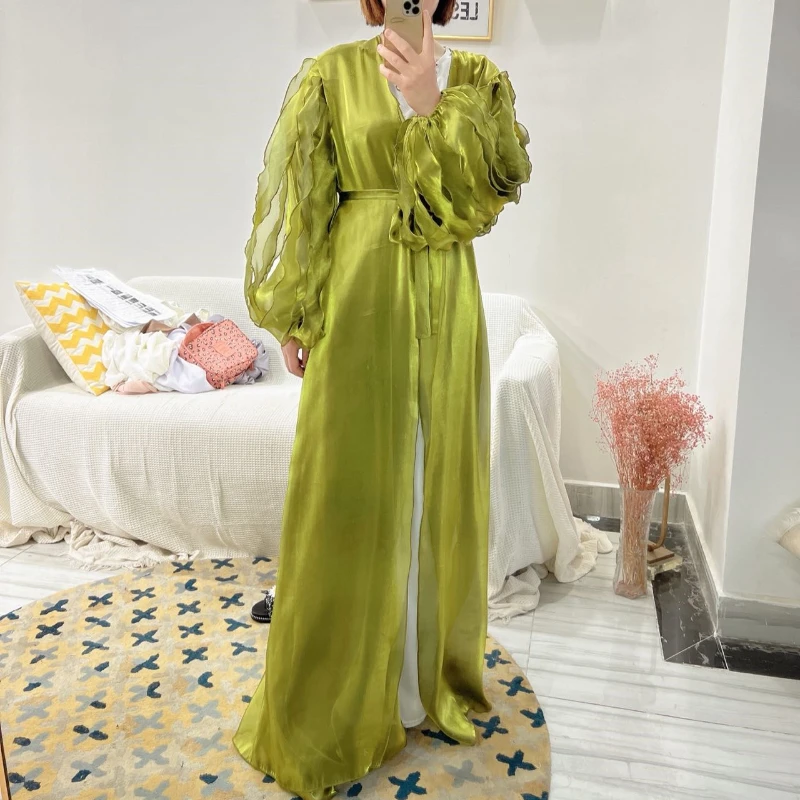 2023 Muslim Women Islam Abaya Kaftan Bubble Petal Sleeve Abayas for Women Solid Elegant Dress Party Turkey Islam Kaftan Robe