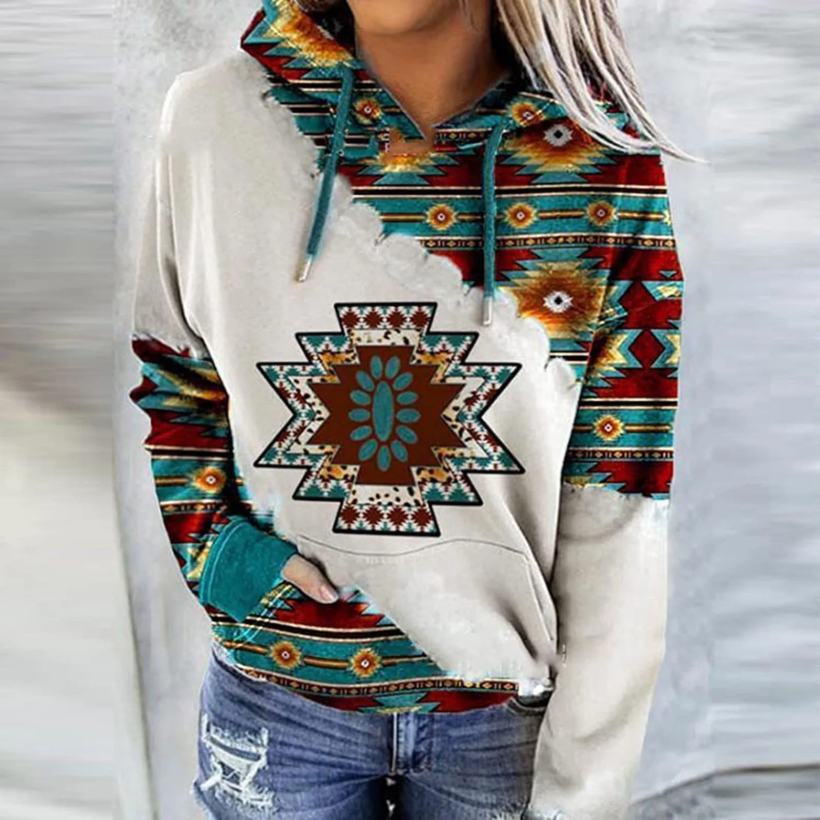 Womens Casual Geometric Horse Print Long Sleeve Drawstring Pullover Tops, Ethnic Style Hooded Sweatshirt 3