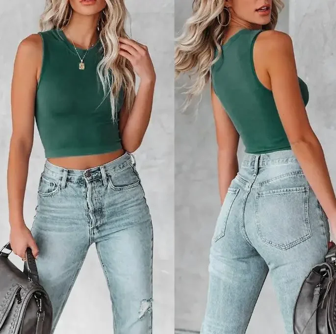 

Fashion Solid Color Round Neck Sleeveless Women's Top T-shirt