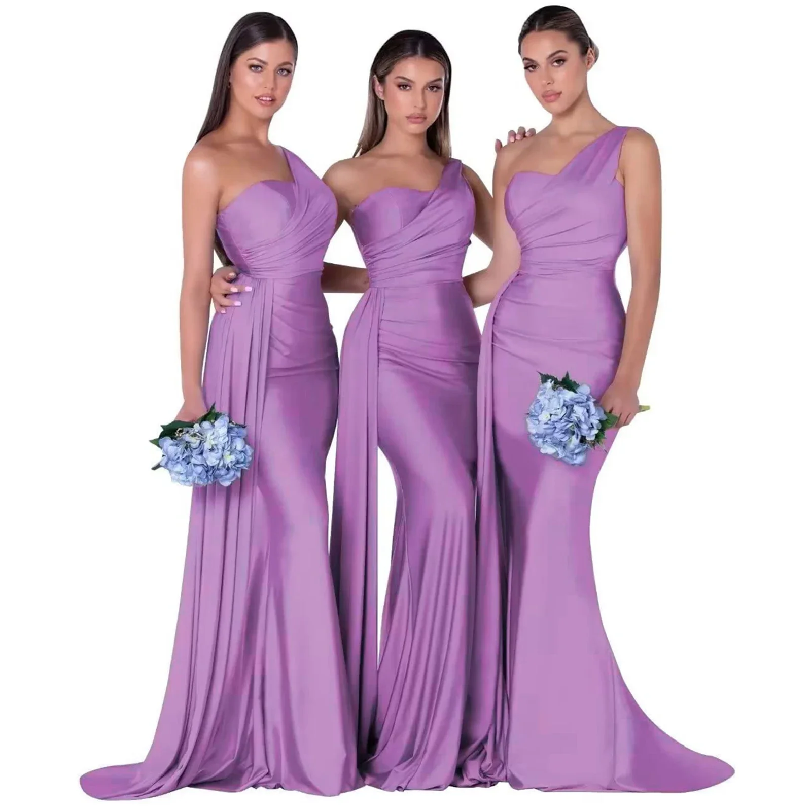 One Shoulder Prom Dresses for Women Long Mermaid Satin Bridesmaid Dresses Formal Evening Gowns with Train