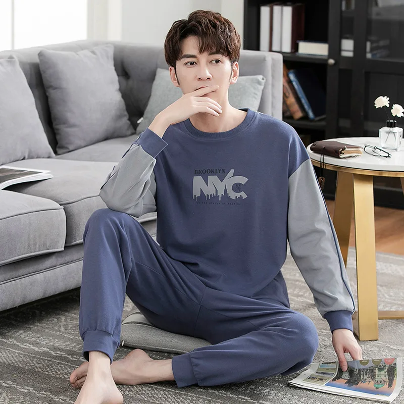 Men Autumn Winter 100% Pure Cotton Pullover Pajamas Suit Sleepwear Male Spring Plus Size Loungewear Set Gentlemen pajama sets
