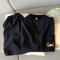 Embroidery Dog Sweet Fashion Cute Pajamas Set for Women Plaid Lapel Neck Elastic Waist Design Pajamas Short New Casual Nightwear - Image 3