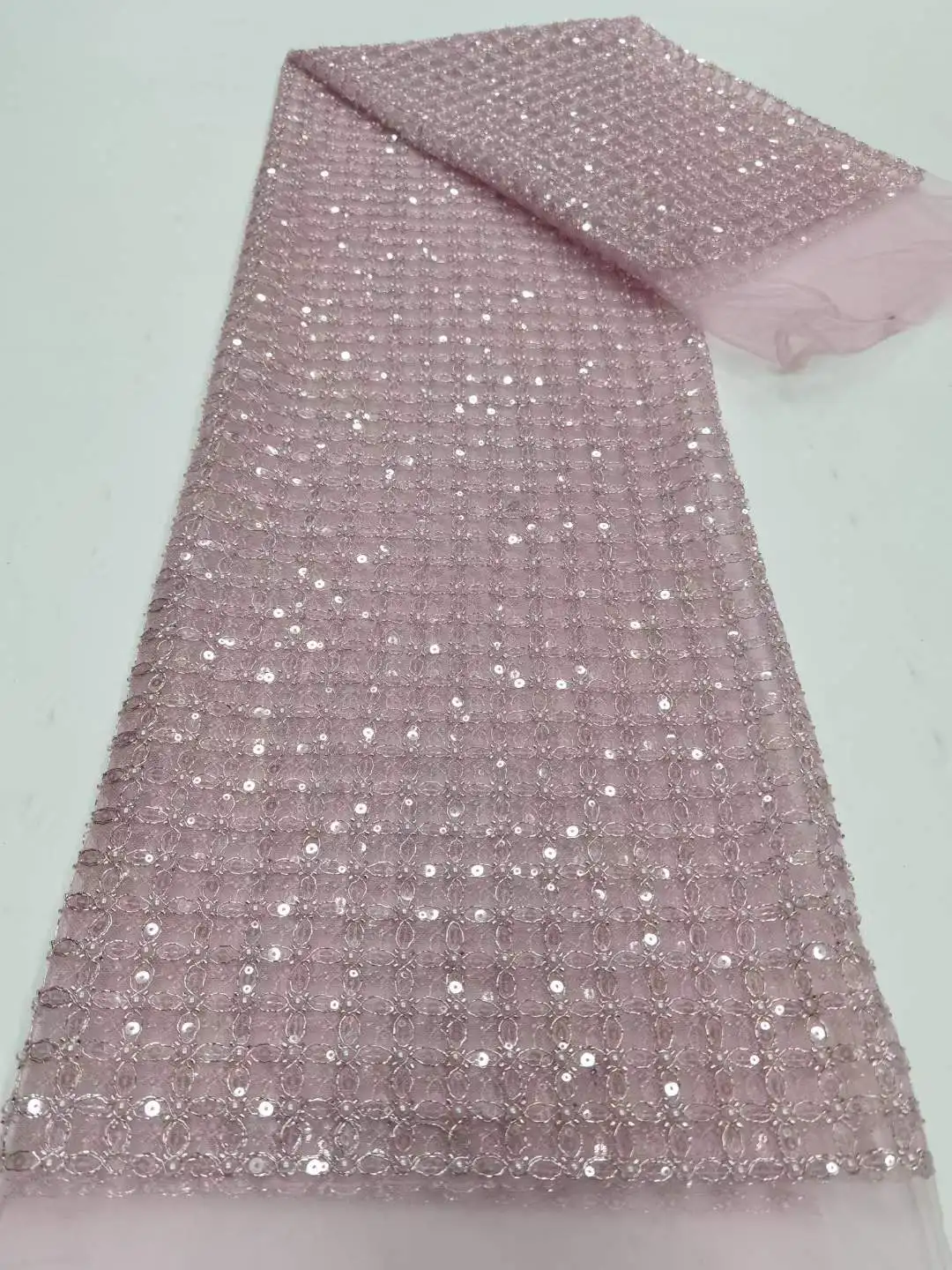 

New Elegant African Beaded pearl Tulle Lace Fabric 2023 High Quality sequins Lace 5 Yards Nigerian Material Fabric for Party