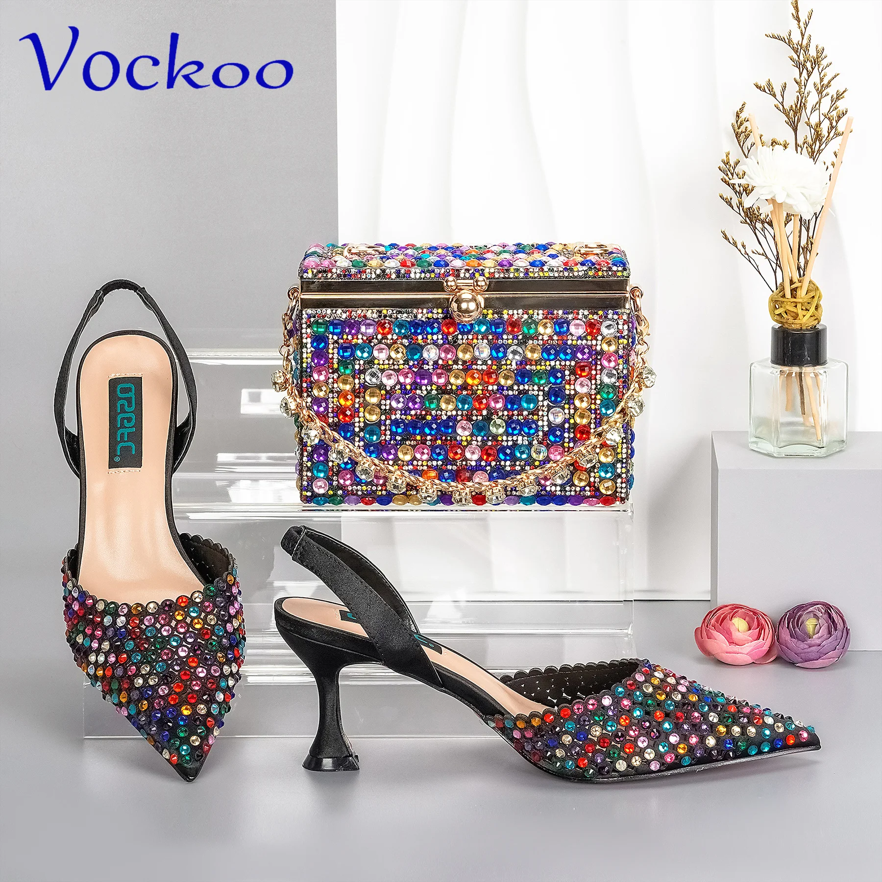 Sexy Style New Coming African Women Shoes Matching Bag Set in Rainbow Color with Shinning Crystal with Thin Heels for Garden Par