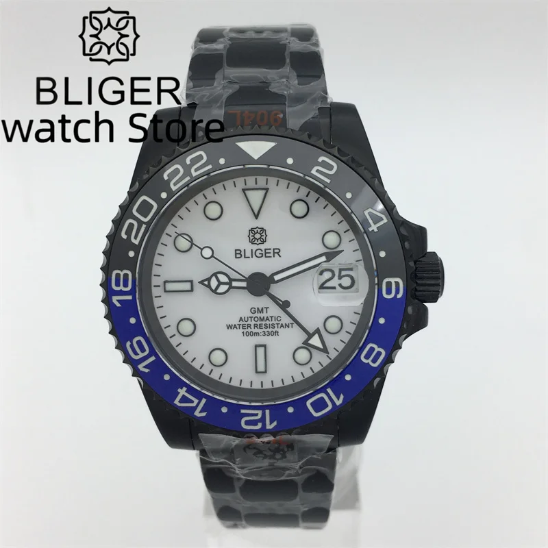 

BLIGER 40mm GMT Men's watch NH34 DG3804 Automatic Mechanical Watch Sapphire Glass white dial Ceramic Bezur Reloj Hombre Date