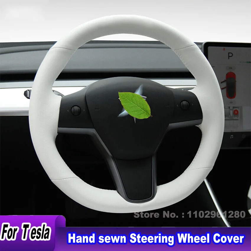 

DIY Hand-sewn Durable White Smooth Leather Steering Wheel Cover For Tesla Model 3 Model Y Interior Accessories
