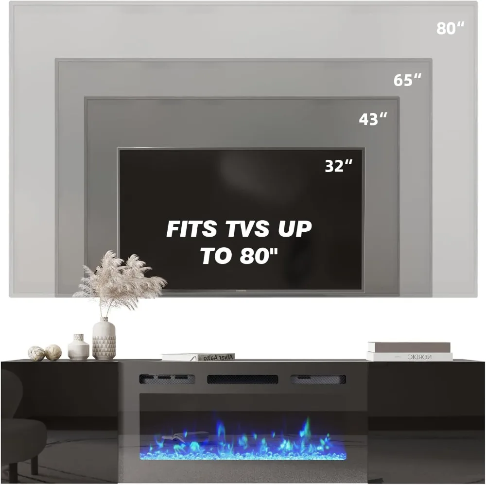 70'' Floating TV Stand with 36'' Electric Fireplace, 12 Flame Colors, Heater for TVs Up to 80'', Black Entertainment Center