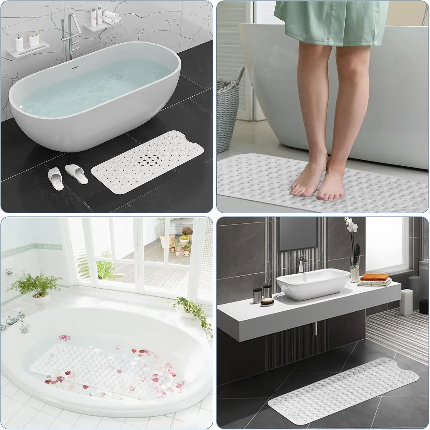 Extra large non-slip bath mat with drain holes and suction cups.