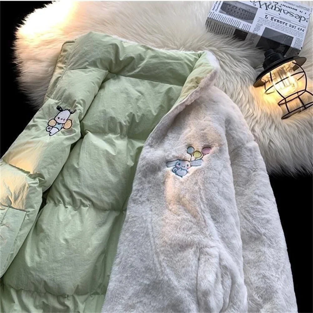 

Winter Cotton Cute Cartoon Embroidery Two Sided Coat Women's Loose Thickened Sweatshirt Zip Up Hooded Charge Coat Femme