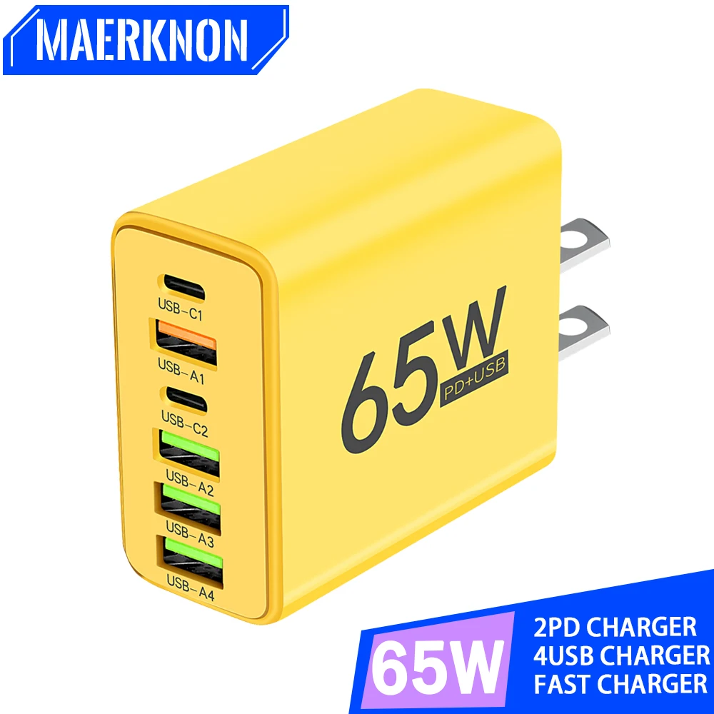 

65W USB C Charger 6 Ports Fast Charging Quick Charger 3.0 Type C Charger Mobile Phone Adapter For iPhone 15 14 Xiaomi Samsung