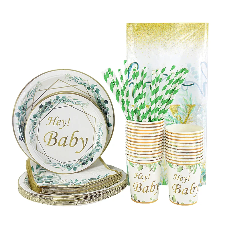 Hey Baby Grün Gold Einweg geschirr Set Wald Thema 1. Geburtstags feier Dekorationen Kinder Junge Mädchen Baby Dusche Lieferungen – Detail 9