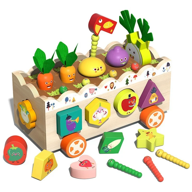 

Children's Wooden Farm Orchard Pairing Pull Radish Disassembly Intelligence Box Wooden Fishing Catching Insect Educational Toys