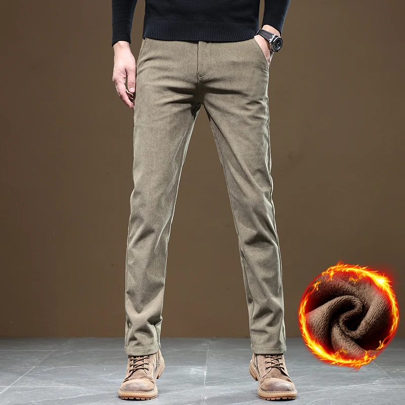 Men Corduroy Pants Winter Fleece Warm Slim Fit Stretch Thicken Casual Trousers