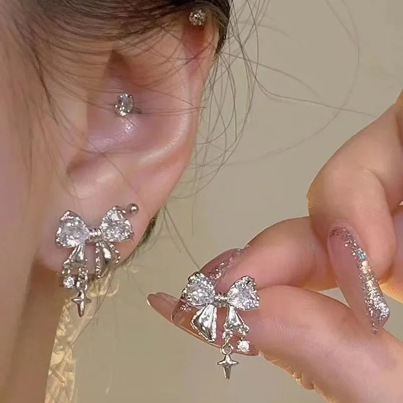 Korean Bowknot Zircon Stud Earrings for Women Trendy Cute