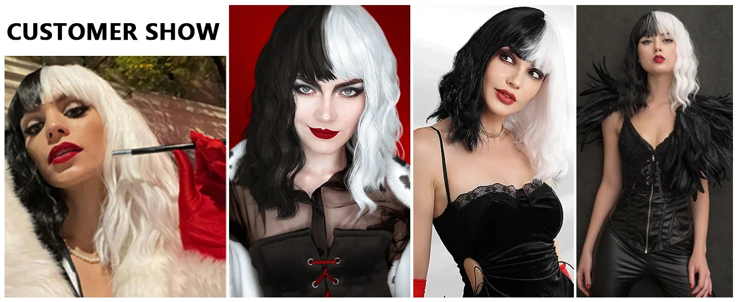 Schwarz-weiße Perücke für Cruella Deville Kostüm, kurze, lockige, gewellte Damenperücke für Halloween, Cosplay, Party – Detail 1