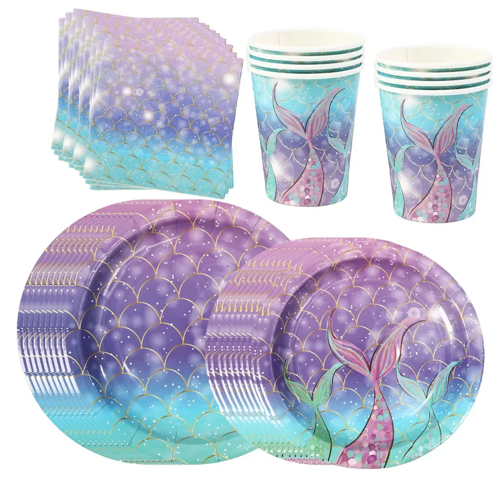 Mermaid Birthday Decorations Girl Disposable Paper Plates Cups Napkins Plastic