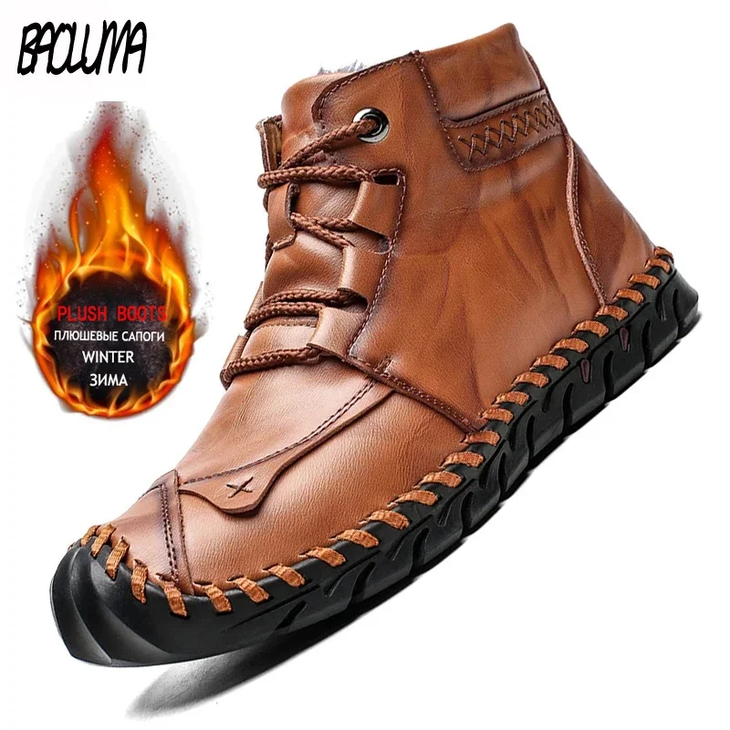 Men Leather Boots Business Mens Boots Brand Classic Winter Thick Plush Warm Snow Boots Handmade Ankle Waterproof Non-slip Moccasins men leather boots business mens boots