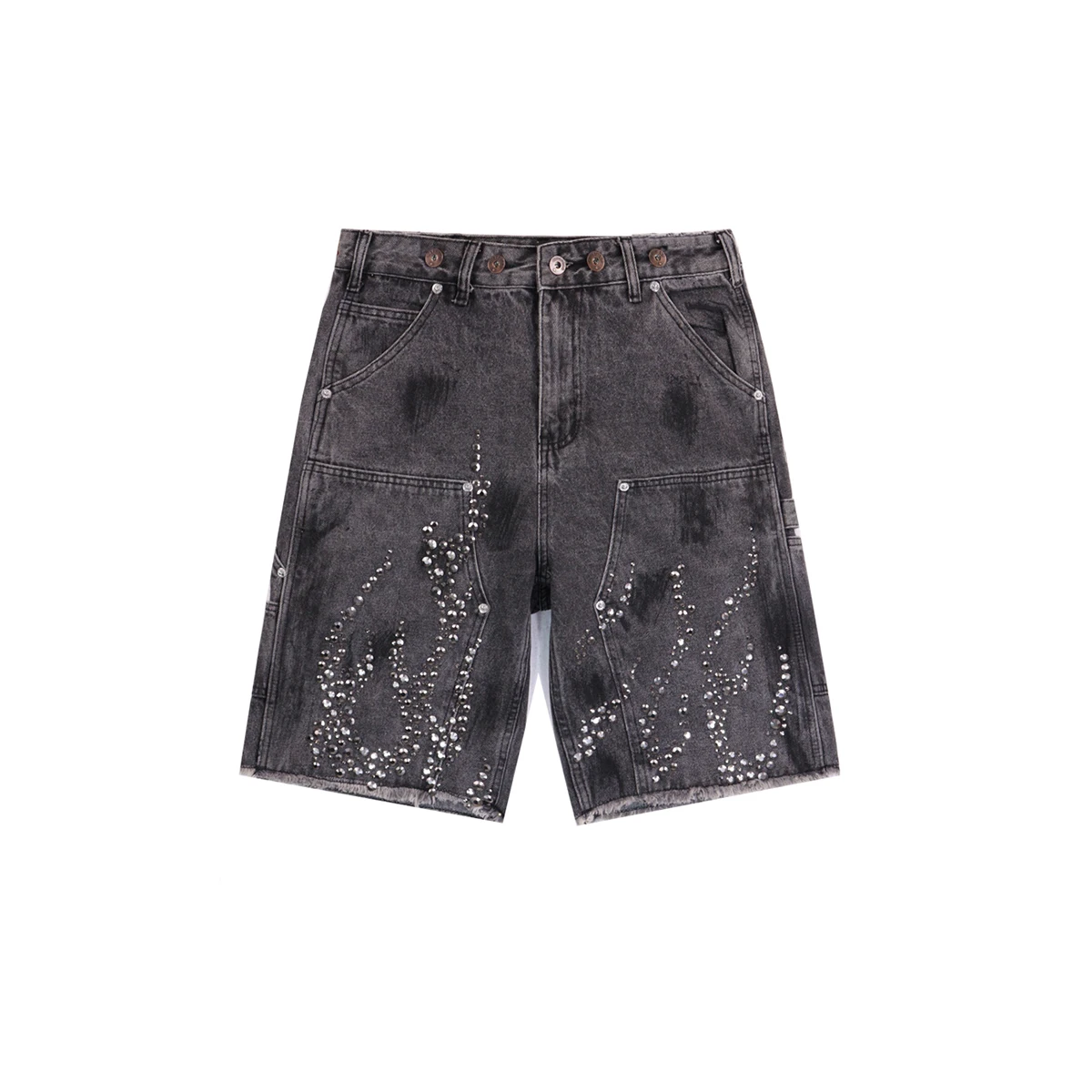 High Street Rhinestone Painted Baggy Jeans Shorts for Men Pockets Wide Leg Blue Black Loose Five Point Denim Pants Oversized