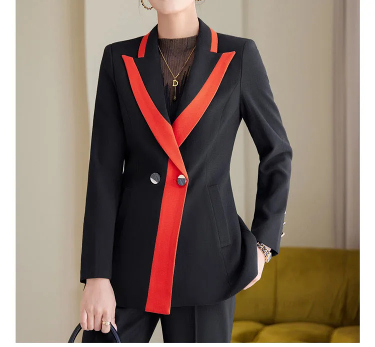 Tesco Women Suit Sets  Business Blazer Pants For Office Lady Female Autumn Sets 2 Piece Patchwork Chic Uniform Jacket Coat