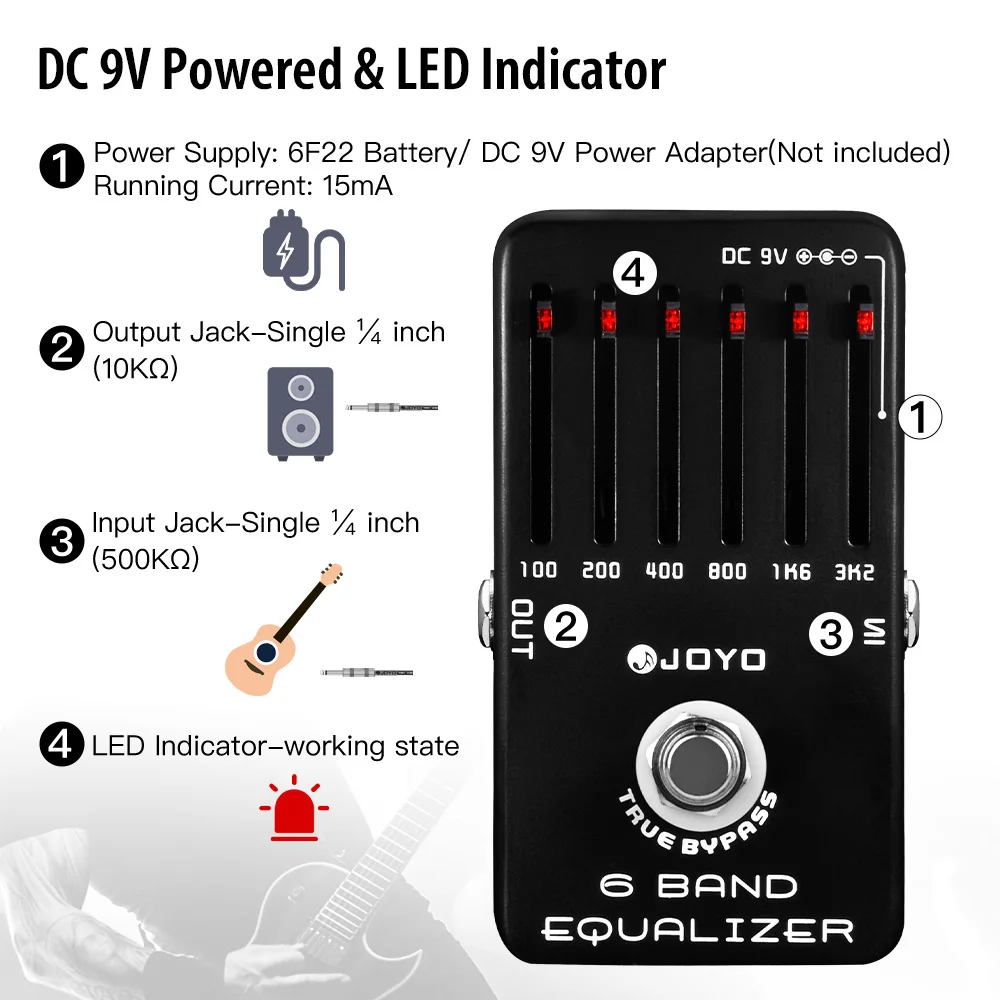 JF-11 6-Band EQ Pedal Provide ±18dB for Each Band with Frequency Bands 100Hz, 20