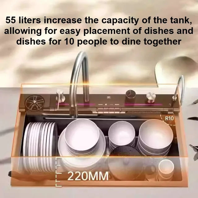 อ่างล้างจานสแตนเลส 304 แบบน้ำตก ดีไซน์หรูหราทันสมัย พร้อมจอแสดงผล LED ชุดก๊อกน้ำอ่างล้างจานพร้อมที่จ่ายสบู่และแก้ว 3