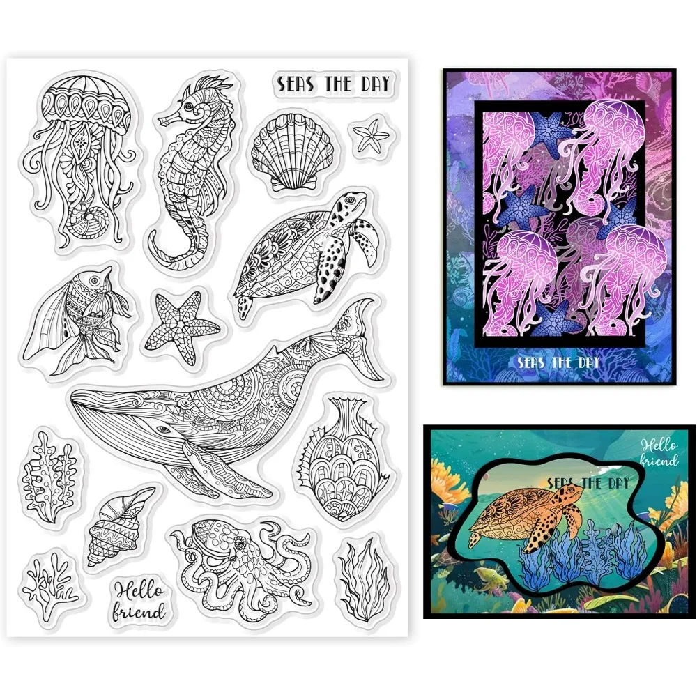 Ocean Life Clear Stamps Marine Whales Turtles Seahorses Squid Goldfish Silicone Clear Stamp Seals for Cards Making DIY clear stamps clear rubber stamps