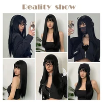 EASIHAIR – perruques synthétiques longues et lisses avec frange, perruques noires de fête Cosplay Lolita pour femmes, perruque naturelle résistante à la chaleur 5