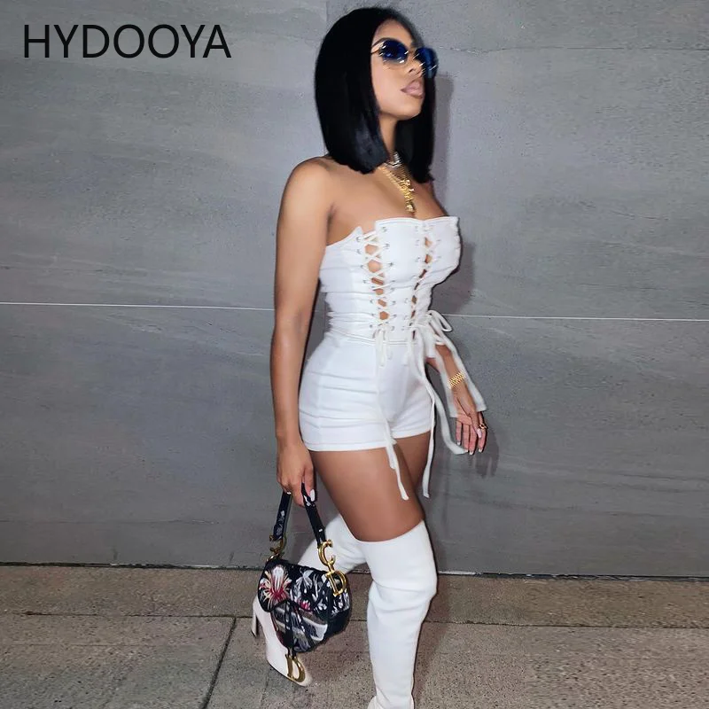 Sexy Off Shoulder Drawstring Lace Up Corset Jumpsuits Women's Clothing Summer 2022 Strapless Backless Nightclub Party Playsuits