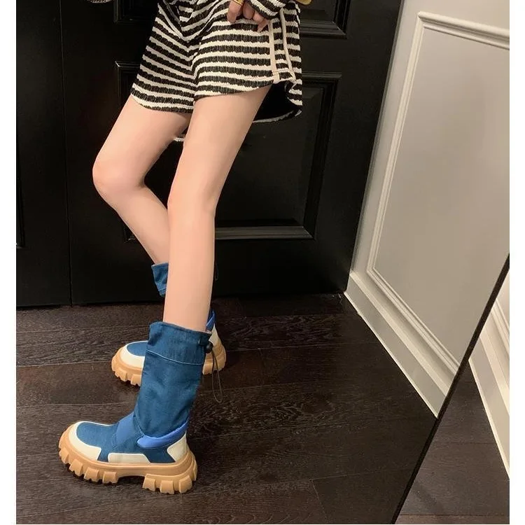 

Platform Sneakers Mix Color Bota Feminina Patckwork Boots Slip On Zapatos Para Mujeres Round Toe Sapatos Feminino Drawstring