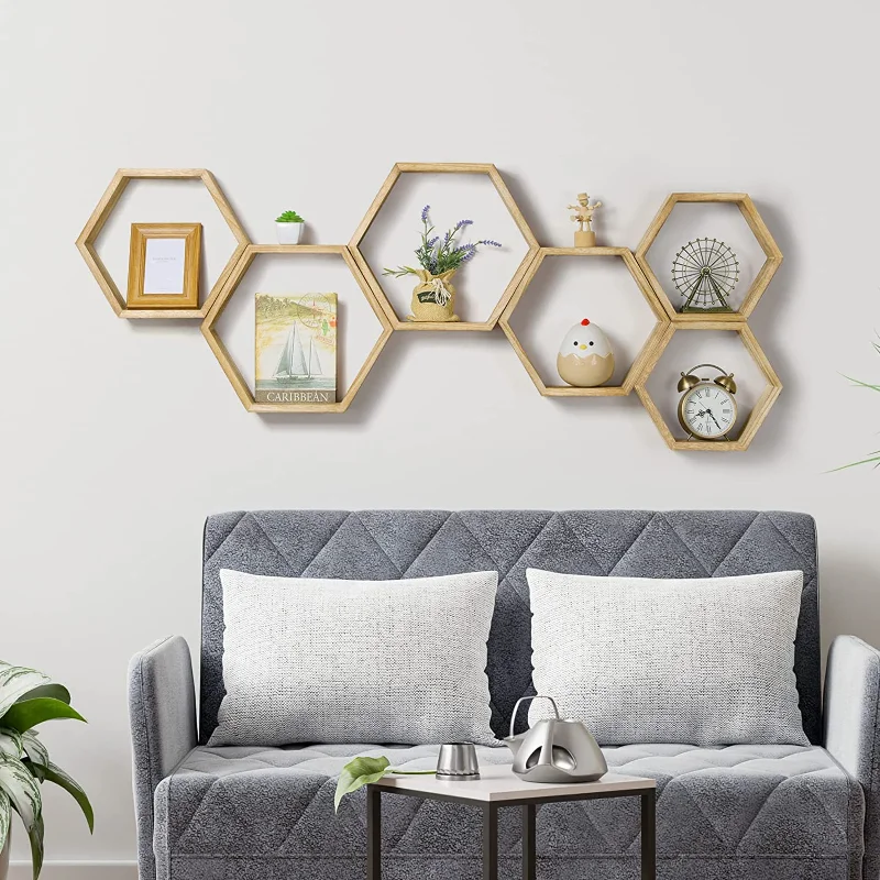 Hexagon Floating Shelves Set of 6 Honeycomb Shelves for Wall, Brown plant stands indoor flower shelf  plant stand outdoor living room plant shelf outdoor plant shelf simple made of bamboo trapezoidal multilayer land against the wall bearing stability