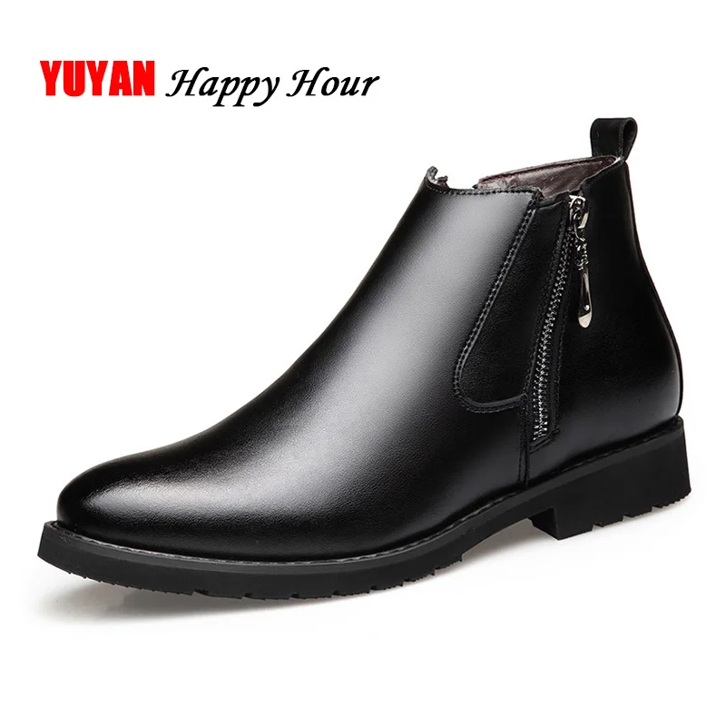 Genuine Leather Chelsea Boots Men Winter Shoes Plush Warm Shoes Zipper Cowhide Leather Booties Mens Ankle Boots Black KA440