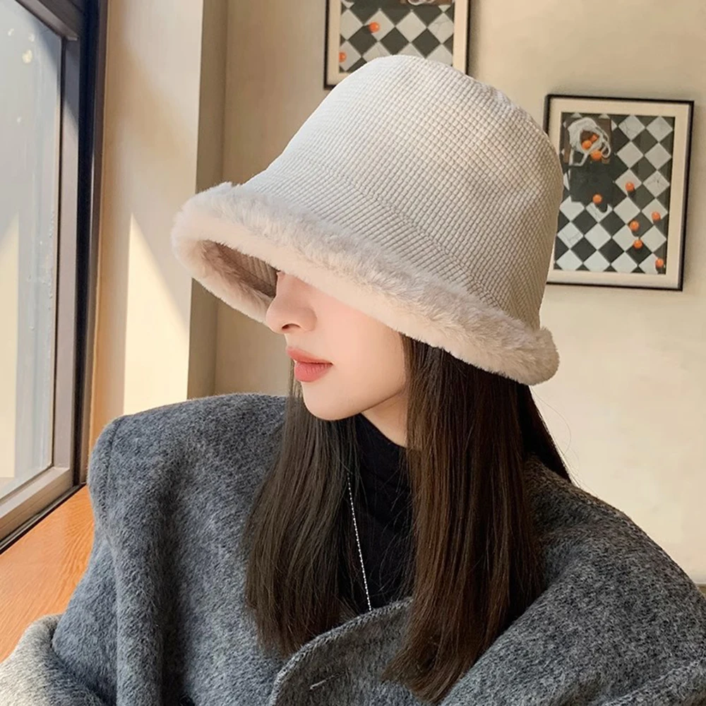 

Winter Corduroy Bucket Hat Women Plush liner Fisherman Hat Warm Thick Fleece Fisherman Hats Outdoor Furry Panama Cap