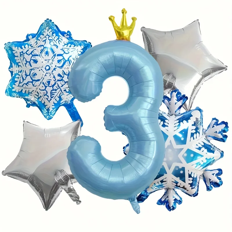 5/6 Stück Schneeflocken-Folienballons mit 40 Zoll blauem Kronen-Zahlenballon für Prinzessinnen-Themen-Geburtstagsfeier-Dekorationen, Babyparty – Detail 9