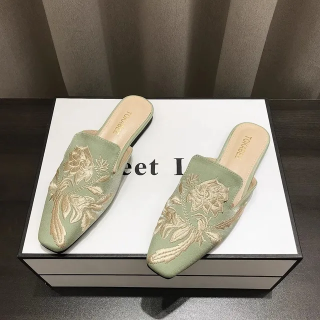 Women's Mules Slippers Summer Footwear Flats Retro Chinese Style Flowers Elegant Dress Low Heel Sandals Designer Slides on sales