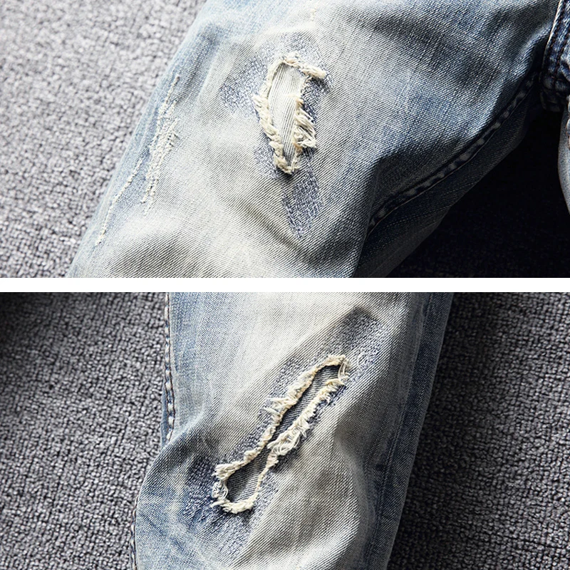 Fashion Designer Men Jeans High Quality Retro Light Gray Blue Elastic Slim Fit Ripped Jeans Men Patched Vintage Pants Hombre
